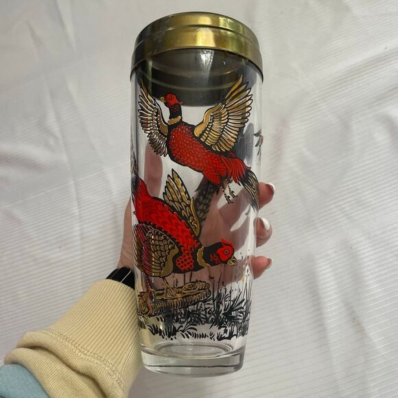 Vintage Mid Century Glass Cocktail Shaker Drink Mixer Pheasant Bird MCM 9” - Picture 2 of 7